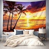 cheap Ocean Beach Tapestry-Landscape Sunset Beach Hanging Tapestry Wall Art Large Tapestry Mural Decor Photograph Backdrop Blanket Curtain Home Bedroom Living Room Decoration Palm Tree