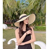 economico Accessori-cappello di paglia a tesa larga per donna, protezione solare estiva, cappello a tesa larga, cappello da spiaggia con fiocco da mare, cappello da sole