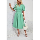 cheap Dresses-Retro Vintage 1950s Midi Dress Flare Dress Puff Sleeve Solid Color A-Line V Neck Women&#039;s Masquerade Wedding Vacation Tea Party Adults&#039; Dress