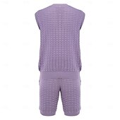 baratos Conjuntos de camisetas básicas masculinas-Homens Conjunto de shorts e camiseta Conjunto de T Sem Manga Crewneck Côr Sólida Roupa de Malha Tricotado Férias Roxo Bege Top Tee para Homens