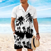 preiswerte Bedruckte Hemden-Sets für Herren-Herren Kokospalme 2St Hemden-Sets Hemd Kurzarm Kurze Hosen Kubanisches Halsband Urlaub Hawaiianisch Party Lässig Täglich 3D-Druck Sommer Rubinrot Weiß Gelb