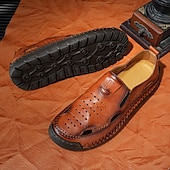 cheap Casual Sandals-Men&#039;s Brown Leather Slip-On Sandals with Perforated Detailing and Stretch Panels – Comfortable and Stylish for Casual Wear, Outdoor and Summer Activities