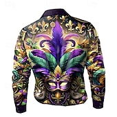 tanie Męska koszula satynowa-Mardi gras Męskie Maska Karnawał Satynowa koszula Koszule eleganckie Zapinana na guziki koszula Długi rękaw Moda na co dzień Święto Lato Wiosna Wieczorne Koszule z kołnierzykiem Druk 3D Fioletowy