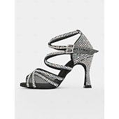 cheap Latin Shoes-Red Rhinestone-Studded Latin Dance Sandals with Buckle Detail – Perfect for Social Dance, Competitions, and Performances