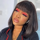 baratos Perucas capless de cabelo natural-10 polegadas perucas curtas bob para mulheres negras cabelo humano perucas bob sem cola com franja 130% densidade peruca preta reta nenhuma peruca de cabelo frontal de renda