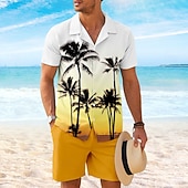 preiswerte Bedruckte Hemden-Sets für Herren-Herren Kokospalme 2St Hemden-Sets Hemd Kurzarm Kurze Hosen Kubanisches Halsband Urlaub Alltagstauglich Party Lässig Täglich 3D-Druck Sommer Rubinrot Gelb Orange