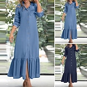 olcso Fehér ruha-Női Hosszú ruha Maxi ruha Farmer ruhák hétköznapi ruha nyári ruha Divat Szabadtéri Szabadság Randi Normál Sima Hosszú ujj Állógallér Medence Sötétkék Nyár Tavasz