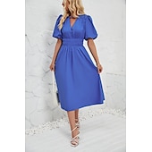 cheap Dresses-Retro Vintage 1950s Midi Dress Flare Dress Puff Sleeve Solid Color A-Line V Neck Women&#039;s Masquerade Wedding Vacation Tea Party Adults&#039; Dress