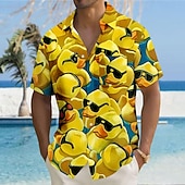 preiswerte Tiermuster Druck-Herren Tiermotiv Lustig Ente Hemd Knopfhemd Kurzarm Modisch lässig Streetwear Urlaub Strandbekleidung Sommer Herbst Umlegekragen 3D-Druck Hemden mit Kragen Eine Tasche vorne Gelb