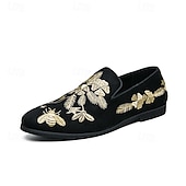 levne Poloformální-pánské černé semišové slip-on mokasíny se zlatou květinovou a včelí výšivkou – elegantní neformální obuv na svatby, večírky a formální události