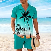 preiswerte Bedruckte Hemden-Sets für Herren-Herren Kokospalme 2St Hemden-Sets Hemd Kurzarm Kurze Hosen Kubanisches Halsband Urlaub Hawaiianisch Party Lässig Täglich 3D-Druck Sommer Rubinrot Grün
