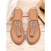 economico Infradito da Vacanza-sandali infradito da donna con fiori di strass color cuoio e bordi borchiati – eleganti sandali bassi per l&#039;estate, la spiaggia e le occasioni informali