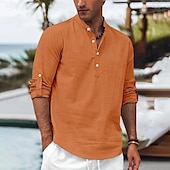cheap Vacation-Men&#039;s Shirt Linen Shirt Popover Shirt Summer Shirt Beach Wear Plain Vacation Curise Black White Orange Long Sleeve Band Collar Spring &amp; Summer Clothing Apparel