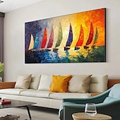 preiswerte Landschaftsgemälde-hellblaues Meereslandschafts-Segelboot-Ölgemälde, handgemalte Wandkunst, abstraktes Strand-Meereslandschaftsgemälde auf Leinwand, Wohnzimmer-Wandgemälde, riesiges extragroßes Wandkunstgemälde-Dekor