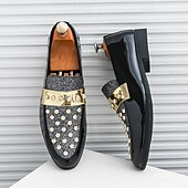 economico Semi-formale-mocassini da uomo in vernice nera con dettagli borchiati e cinturino dorato, scarpe casual alla moda per feste ed eventi speciali