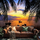 cheap Ocean Beach Tapestry-Landscape Sunset Beach Hanging Tapestry Wall Art Large Tapestry Mural Decor Photograph Backdrop Blanket Curtain Home Bedroom Living Room Decoration Palm Tree