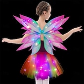 levne Dekorativní světla-karnevalový elegantní svítící pohádkový kostým pro dívky – 4dílná sada oblékání s měkkými duhovými motýlími křídly ideální pro hru na princeznu karnevalové zdobení