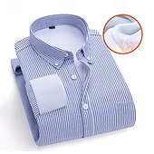 billiga Button Down-skjortor för män-Herr Skjorta Knapp upp skjorta Randig Bröllop Fest Vit Marinblå Blå Himmelsblå Långärmad Kavajslag Höst Vinter Kläder Fleece