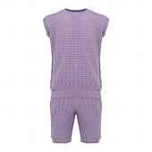 baratos Conjuntos de camisetas básicas masculinas-Homens Conjunto de shorts e camiseta Conjunto de T Sem Manga Crewneck Côr Sólida Roupa de Malha Tricotado Férias Roxo Bege Top Tee para Homens