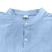 preiswerte Business Casual-Herren Baumwoll-Leinen-Hemd Tiefer Ausschnitt Einfach Urlaub Strand Schwarz Weiß Khaki Dunkelgray Langarm Großvaterkragen Sommer Frühling Bekleidung Tasche