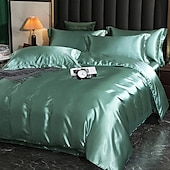 cheap Duvet Cover Sets-4 Pieces Satin Silk Bedding Set with Fitted Sheets Duvet Cover Sets Summer Solid Color Comforters Covers with 2 Pillowcases