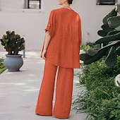 billiga Uppsättningar-Dam Mode Streetwear Skjorta Linneinspirerade set Tvådelade set Linne Byxor Byxor Långärmad Hög krage Ensfärgat Dagliga kläder Datum Marinblå Orange Vår Normal
