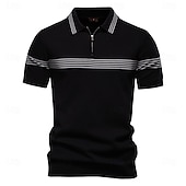 cheap Men&#039;s Elite Polo-Men&#039;s Polo Knit Polo Sweater Formal Work Turndown Quarter Zip Short Sleeve Striped Zip Up Stripe-Trim Spring Black White Khaki Polo
