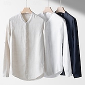 economico Casual da lavoro-Per uomo Camicia Camicia di lino Camicia casual Camicia con Bottoni Semplice Vacanza Camicia hawaiana Bianco Blu marino Beige Manica Lunga Colletto alla coreana Primavera Autunno Abbigliamento
