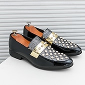 economico Semi-formale-mocassini da uomo in vernice nera con dettagli borchiati e cinturino dorato, scarpe casual alla moda per feste ed eventi speciali