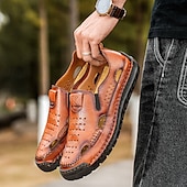 cheap Casual Sandals-Men&#039;s Brown Leather Slip-On Sandals with Perforated Detailing and Stretch Panels – Comfortable and Stylish for Casual Wear, Outdoor and Summer Activities