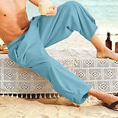 baratos Clássico-Homens Calças de linho Calça verão Calças de praia Calças Harem Bolsos Com Cordão Cintura elástica Tecido Conforto Respirável Mimolet Férias Diário Feriado Havaiana Boho Azul Céu Preto