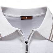 cheap Men&#039;s Elite Polo-Men&#039;s Polo Knit Polo Sweater Formal Work Turndown Quarter Zip Short Sleeve Striped Zip Up Stripe-Trim Spring Black White Khaki Polo