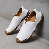 cheap Men&#039;s Slip-ons &amp; Loafers-Men&#039;s Casual Slip-On Sneakers – White Faux Leather with Contrast Stitched Design, Comfortable Everyday Shoes for Leisure and Outdoor Activities