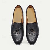 billiga Premium läder Loafers-bruna tofsloafers i läder för män med brogue-detaljer, klassiska slip-on klänningskor för bröllop, fester och formella evenemang