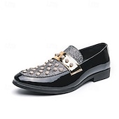 economico Semi-formale-mocassini da uomo in vernice nera con dettagli borchiati e cinturino dorato, scarpe casual alla moda per feste ed eventi speciali