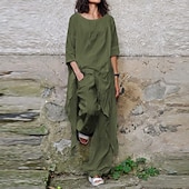 preiswerte Sets-Damen Streetwear Betrübt Hemd Baumwoll-Leinen-Sets Zweiteilige Sets Leinenhosen Hosen Hose Halbarm Rundhalsausschnitt Einfarbig Kordelzug Alltagskleidung Date Armeegrün Marineblau Khaki Sommer