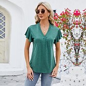 billige Plain t-skjorte-Dame Boho T-skjorte عادي Bohem søt stil Stilfull Kortermet Sommerfuglermer V-hals Vanlige topper Daglig Ut på byen Helg Drapering Svart Hvit Rosa Blå Fuksia Sommer
