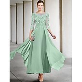 billiga Golvlängd-A-linjeformad klänning för brudens mor bröllopsgäst elegant plus size juvelhals ankellängd chiffong spets 3/4 längd ärm med ruched paljetter applikationer gratis anpassad storlek