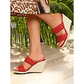 cheap Vacation Sandals-Red Woven Slide Sandals for Women – Stylish Wedge Heel, Summer Beach &amp; Casual Outdoor Footwear