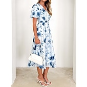 cheap Dresses-Retro Vintage 1950s Midi Dress Wrap Dress Flare Dress Puff Sleeve Floral A-Line V Neck Women&#039;s Masquerade Wedding Vacation Tea Party Adults&#039; Dress