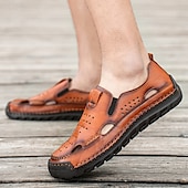 cheap Casual Sandals-Men&#039;s Brown Leather Slip-On Sandals with Perforated Detailing and Stretch Panels – Comfortable and Stylish for Casual Wear, Outdoor and Summer Activities