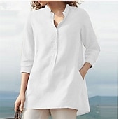 economico Camicie-Per donna Camicia Camicia di lino Camicie di cotone e lino Semplice Quotidiano Elegante Essenziale Manica 3/4 Colletto a Camicia Top Regolari Lavoro Quotidiano Ferie Bottoni Nero Bianco Blu Primavera