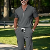 olcso Férfi Basic Tees szettek-Férfi Póló öltönyök Tracksuit Teniszing Zip Polo Rövid ujjú Negyed irányítószám Nyár Tömör szín Testedző Alkalmi 2 db Vakáció Hétköznapi viselet Sportruházat Fekete Fehér Medence Férfi felső póló