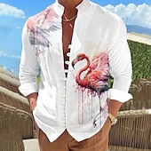 cheap Birds &amp; Animals-Men&#039;s Flamingo Bird Peacock Shirt Linen Shirt Summer Hawaiian Shirt Long Sleeve Casual Vacation Holiday Beach Wear Summer Spring Standing Collar 3D Print Button-Down Pink Blue