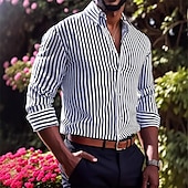 preiswerte Herrenhemd zum Knöpfen-Herren Hemd Sommerhemd Freizeithemd Knopfhemd Rote Blau Grün Kaki Dunkelblau Langarm Streifen Revers Urlaub Hawaiianisch Button-Down Bekleidung Polyester Mode Lässig Bequem