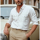 voordelige Straat-Voor heren Overhemd Katoenen linnen overhemd Zomer overhemd Overhemd met knopen Effen Casual Dagelijks Zwart Wit blauw Khaki Lange mouw Kraag Lente zomer Kleding Zak