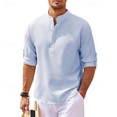 economico Camicie Popover da Uomo-Per uomo Camicia Camicia popover Camicia Estiva Camicia casual Camicia da Spiaggia Camicia a maglia a nido d&#039;ape Nero Bianco Blu Azzurro cielo Verde militare Manica Lunga Semplice Collo alla coreana