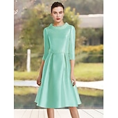 זול Comprimento do chá-A-Line Mother of the Bride Dress Wedding Guest Elegant Jewel Neck Knee Length Satin Half Sleeve with Beading Race Day Dress free custom size