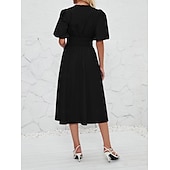cheap Dresses-Retro Vintage 1950s Midi Dress Flare Dress Puff Sleeve Solid Color A-Line V Neck Women&#039;s Masquerade Wedding Vacation Tea Party Adults&#039; Dress