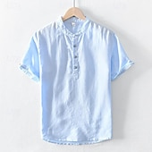 economico Casual da lavoro-Per uomo Camicia Camicia di lino Camicia popover Camicia casual Camicia di cotone Semplice Vacanza Streetwear Bianco Blu marino Azzurro cielo Verde Manica Corta Colletto alla coreana Estate